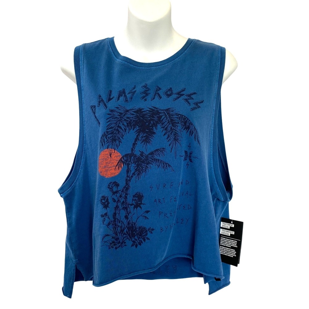 Hurley Nochella Wash Biker Tank Top Women M Blue Tropical Festival Beach NWT